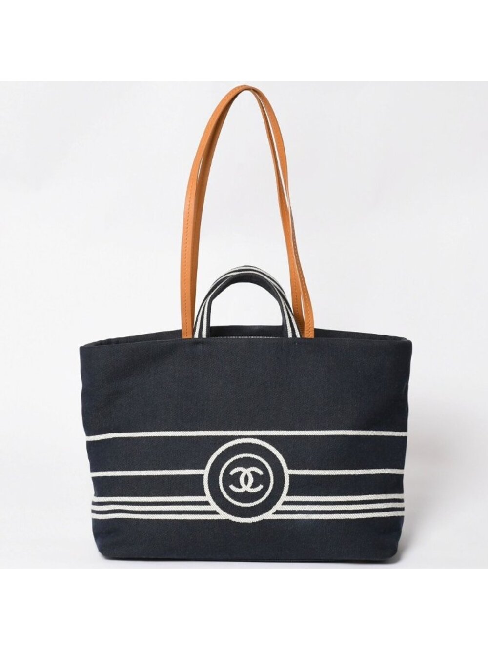 Chanel 2-Way Tote Bag CC Logo Denim Leather Navy Brown Silver